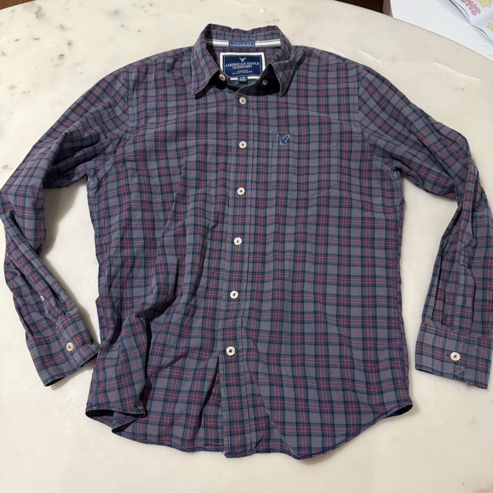American Eagle Men’s L 100% Cotton Tarten Plaid Button Down Shirt Purple Y2K